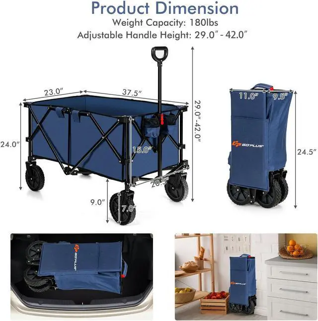 Alt view image 4 of 7 - SlickBlue Outdoor Folding Wagon Cart with Adjustable Handle and Universal Wheels-Navy