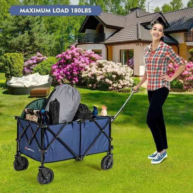 Alt view image 6 of 7 - SlickBlue Outdoor Folding Wagon Cart with Adjustable Handle and Universal Wheels-Navy