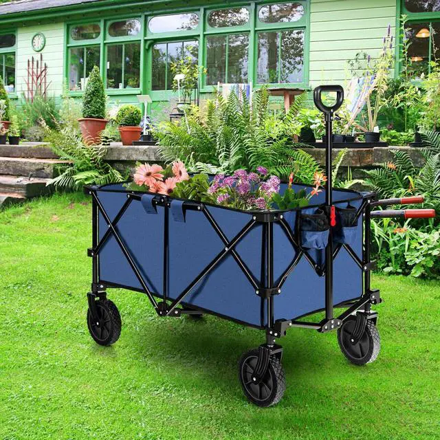 Alt view image 2 of 7 - SlickBlue Outdoor Folding Wagon Cart with Adjustable Handle and Universal Wheels-Navy