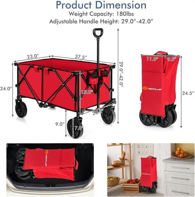 Alt view image 3 of 7 - SlickBlue Outdoor Folding Wagon Cart with Adjustable Handle and Universal Wheels