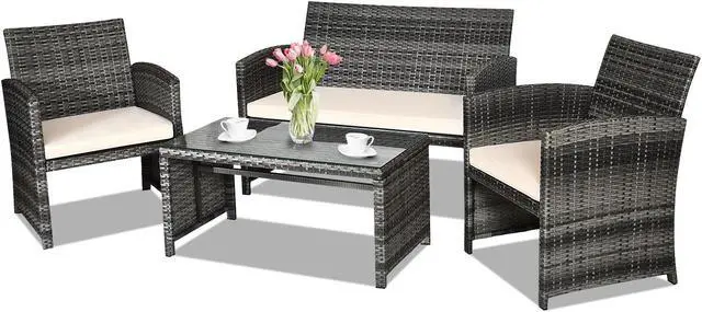 Main image of SlickBlue 4 Pcs Patio Rattan Furniture Set Top Sofa With Glass Table