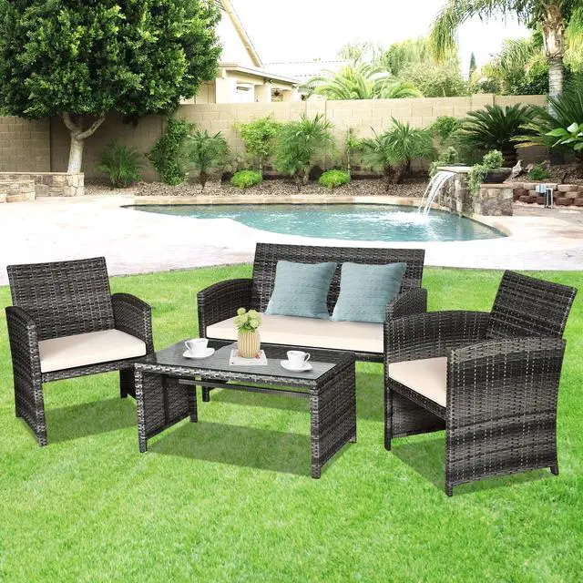 Alt view image 4 of 7 - SlickBlue 4 Pcs Patio Rattan Furniture Set Top Sofa With Glass Table