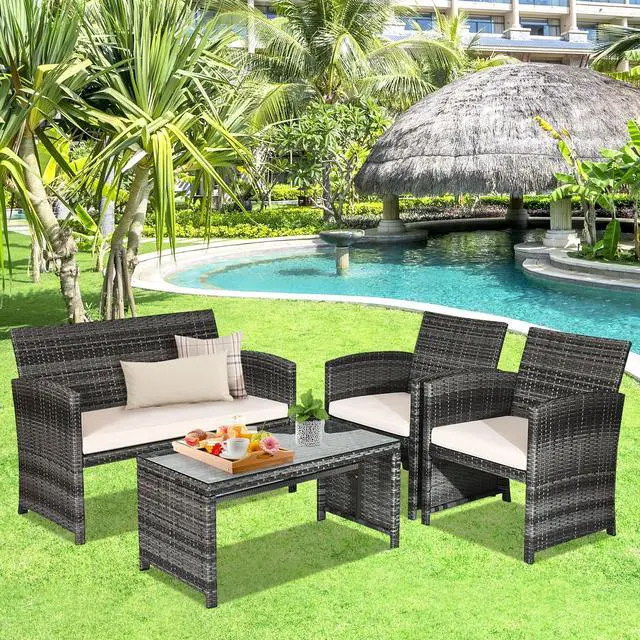 Alt view image 6 of 7 - SlickBlue 4 Pcs Patio Rattan Furniture Set Top Sofa With Glass Table