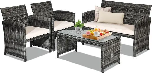 Alt view image 7 of 7 - SlickBlue 4 Pcs Patio Rattan Furniture Set Top Sofa With Glass Table