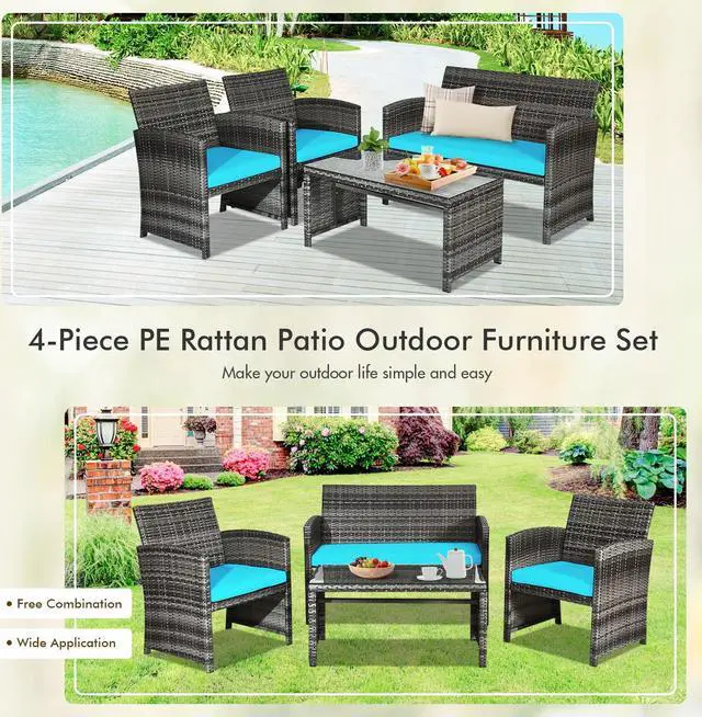 Alt view image 7 of 7 - SlickBlue 4 Pcs Patio Rattan Furniture Set Top Sofa With Glass Table