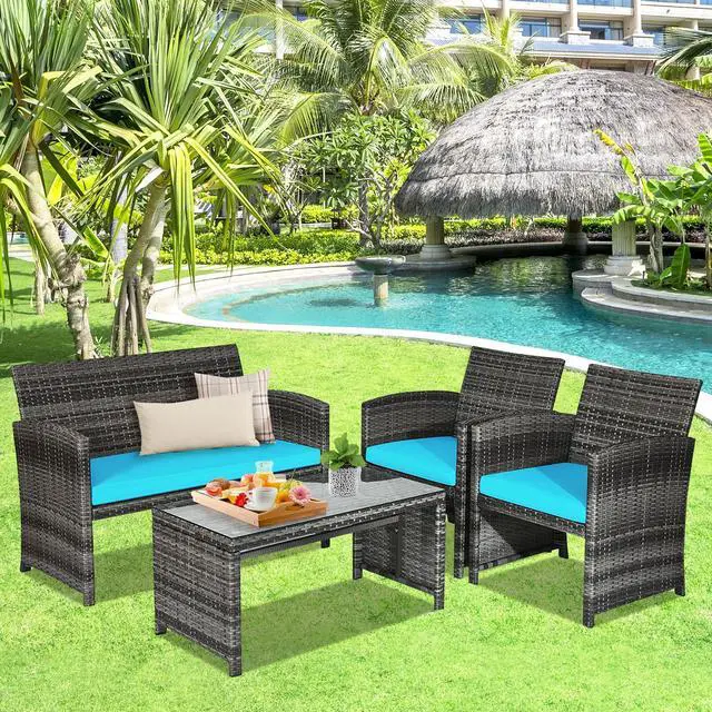 Alt view image 3 of 7 - SlickBlue 4 Pcs Patio Rattan Furniture Set Top Sofa With Glass Table