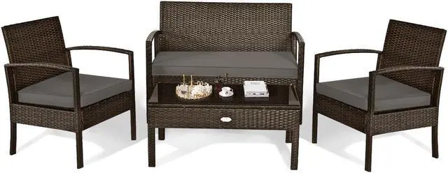Main image of SlickBlue 4 Pieces Patio Rattan Cushioned Furniture Set with Loveseat and Table