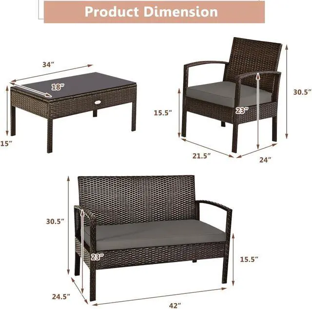 Alt view image 2 of 7 - SlickBlue 4 Pieces Patio Rattan Cushioned Furniture Set with Loveseat and Table