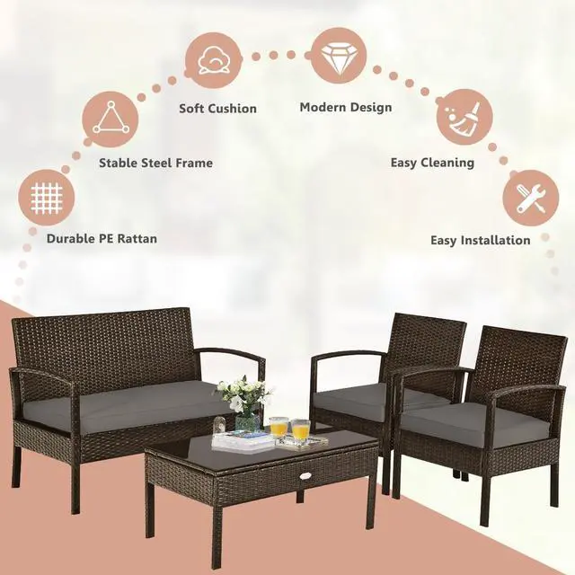 Alt view image 5 of 7 - SlickBlue 4 Pieces Patio Rattan Cushioned Furniture Set with Loveseat and Table