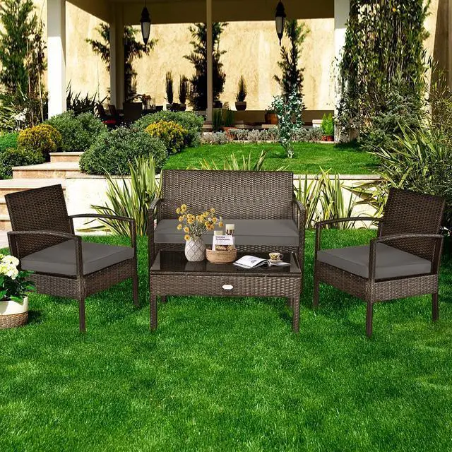 Alt view image 4 of 7 - SlickBlue 4 Pieces Patio Rattan Cushioned Furniture Set with Loveseat and Table