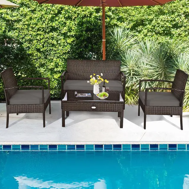 Alt view image 3 of 7 - SlickBlue 4 Pieces Patio Rattan Cushioned Furniture Set with Loveseat and Table