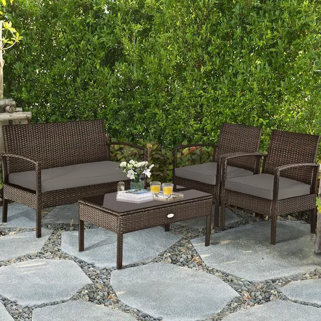 Alt view image 6 of 7 - SlickBlue 4 Pieces Patio Rattan Cushioned Furniture Set with Loveseat and Table