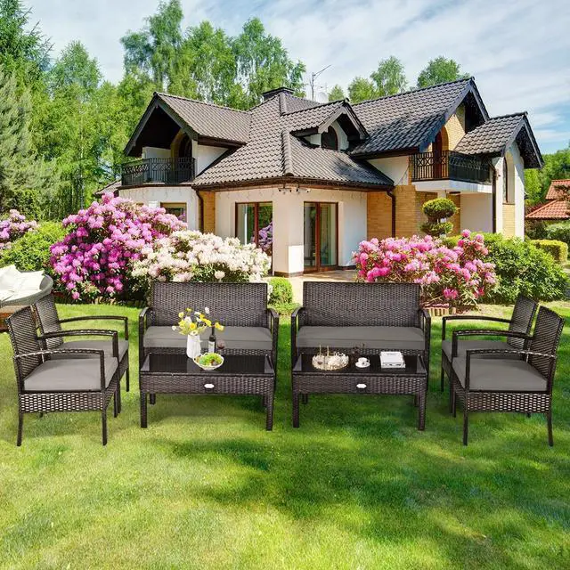 Alt view image 7 of 7 - SlickBlue 4 Pieces Patio Rattan Cushioned Furniture Set with Loveseat and Table