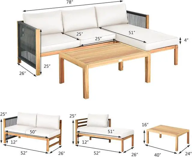 Alt view image 2 of 7 - SlickBlue 3 Pieces Patio Acacia Wood Sofa Furniture Set with Nylon Rope Armrest