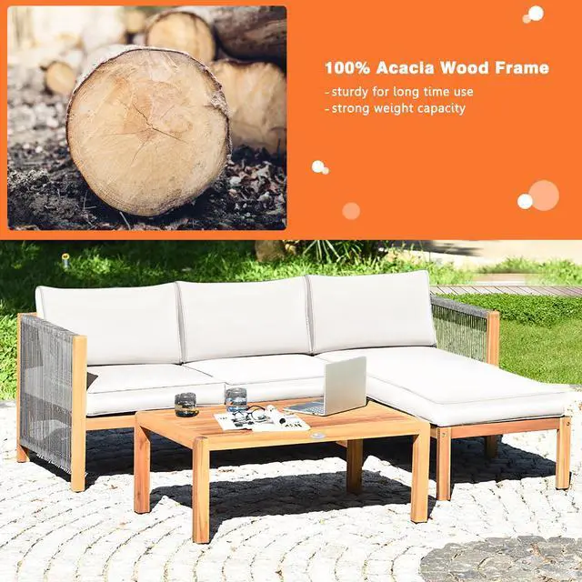 Alt view image 3 of 7 - SlickBlue 3 Pieces Patio Acacia Wood Sofa Furniture Set with Nylon Rope Armrest