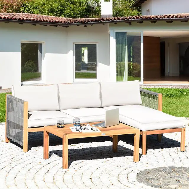 Alt view image 4 of 7 - SlickBlue 3 Pieces Patio Acacia Wood Sofa Furniture Set with Nylon Rope Armrest