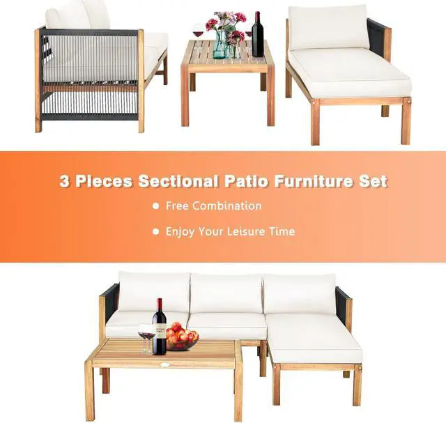 Alt view image 5 of 7 - SlickBlue 3 Pieces Patio Acacia Wood Sofa Furniture Set with Nylon Rope Armrest