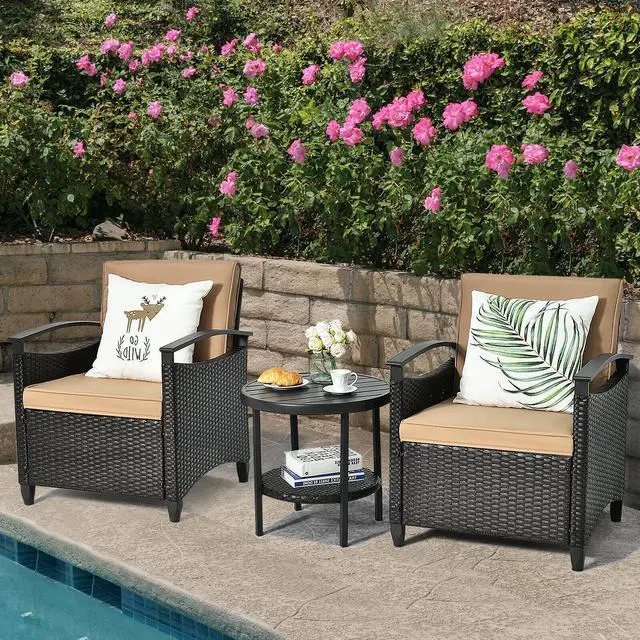 Alt view image 3 of 7 - SlickBlue 3 Pieces Patio Rattan Furniture Set Cushioned Sofa Storage Table with Shelf Garden