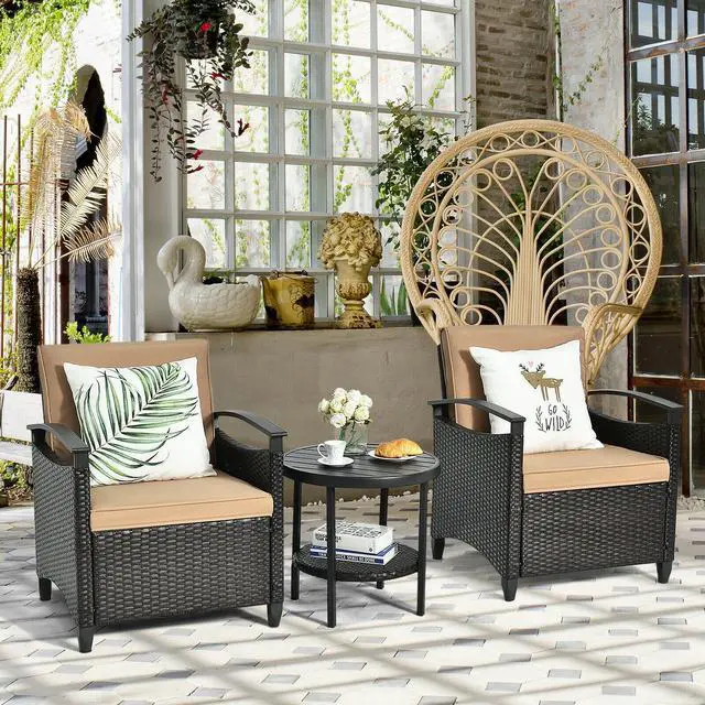 Alt view image 4 of 7 - SlickBlue 3 Pieces Patio Rattan Furniture Set Cushioned Sofa Storage Table with Shelf Garden