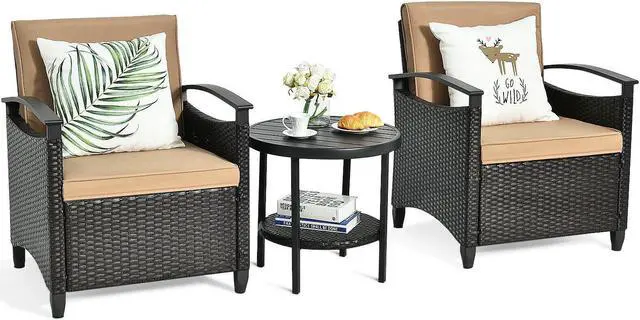 Alt view image 5 of 7 - SlickBlue 3 Pieces Patio Rattan Furniture Set Cushioned Sofa Storage Table with Shelf Garden