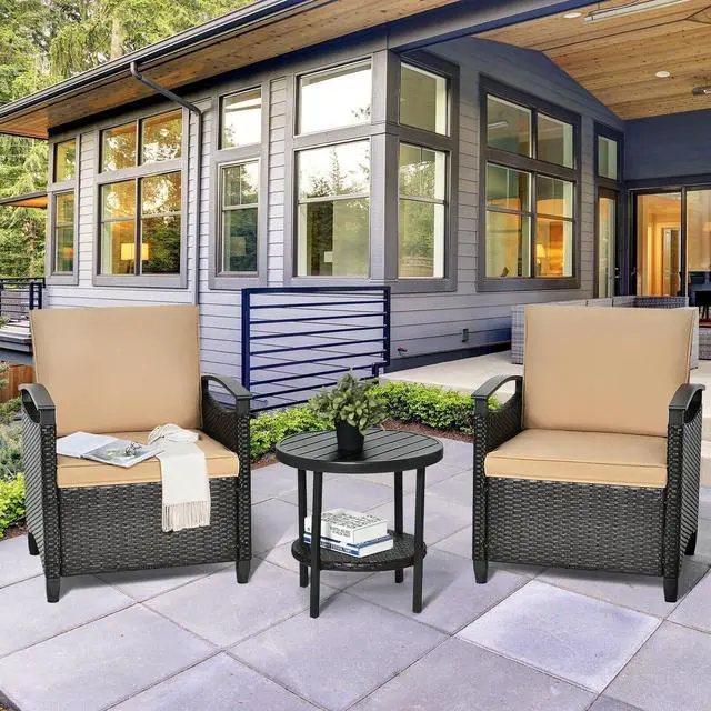Alt view image 2 of 7 - SlickBlue 3 Pieces Patio Rattan Furniture Set Cushioned Sofa Storage Table with Shelf Garden