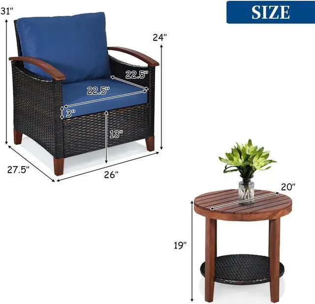 Alt view image 2 of 7 - SlickBlue 3 Pieces Patio Rattan Furniture Set with Washable Cushion and Acacia Wood Tabletop