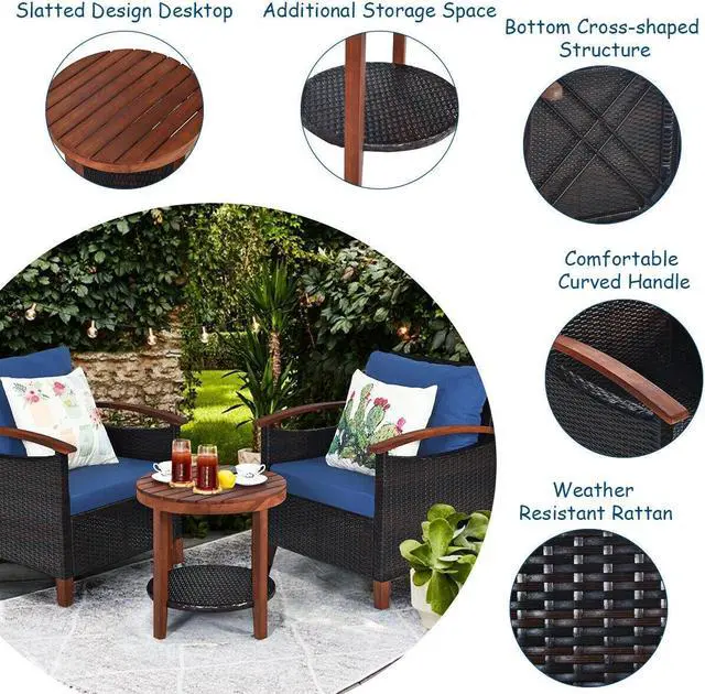 Alt view image 5 of 7 - SlickBlue 3 Pieces Patio Rattan Furniture Set with Washable Cushion and Acacia Wood Tabletop