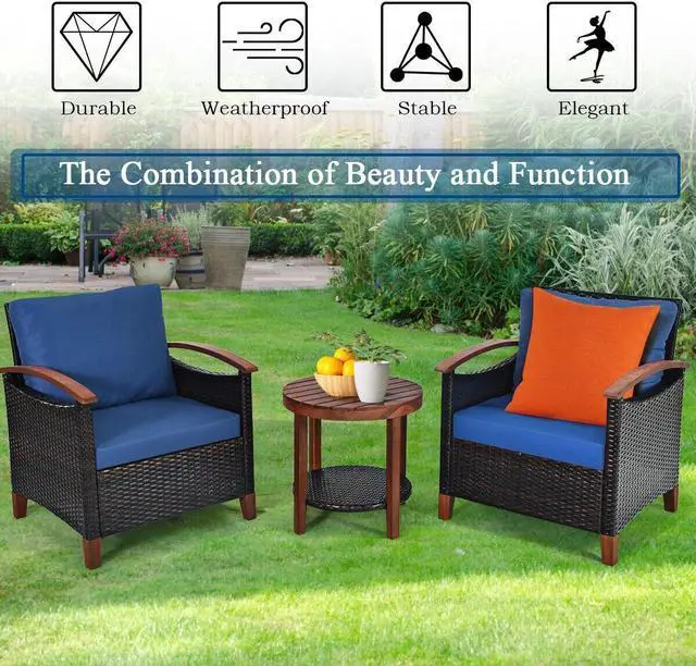 Alt view image 3 of 7 - SlickBlue 3 Pieces Patio Rattan Furniture Set with Washable Cushion and Acacia Wood Tabletop