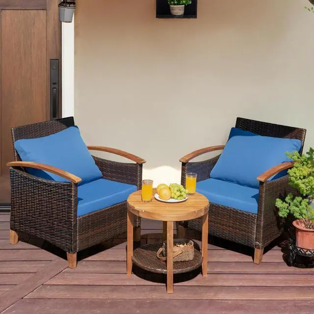 Alt view image 7 of 7 - SlickBlue 3 Pieces Patio Rattan Furniture Set with Washable Cushion and Acacia Wood Tabletop