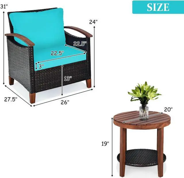 Alt view image 2 of 7 - SlickBlue 3 Pieces Patio Rattan Furniture Set with Washable Cushion and Acacia Wood Tabletop