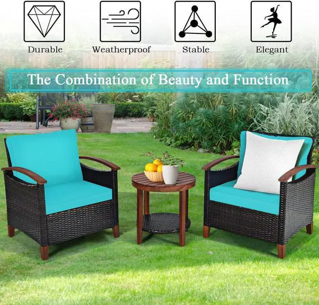 Alt view image 3 of 7 - SlickBlue 3 Pieces Patio Rattan Furniture Set with Washable Cushion and Acacia Wood Tabletop