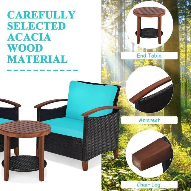 Alt view image 5 of 7 - SlickBlue 3 Pieces Patio Rattan Furniture Set with Washable Cushion and Acacia Wood Tabletop