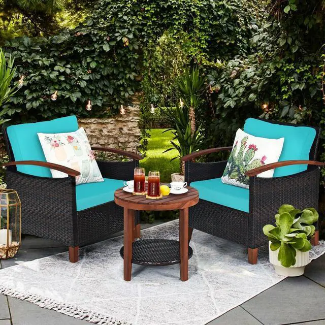 Alt view image 6 of 7 - SlickBlue 3 Pieces Patio Rattan Furniture Set with Washable Cushion and Acacia Wood Tabletop