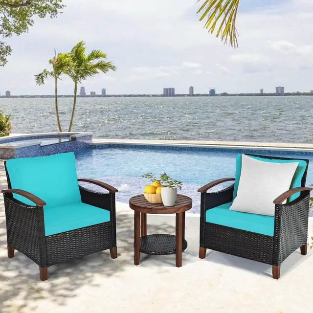 Alt view image 7 of 7 - SlickBlue 3 Pieces Patio Rattan Furniture Set with Washable Cushion and Acacia Wood Tabletop