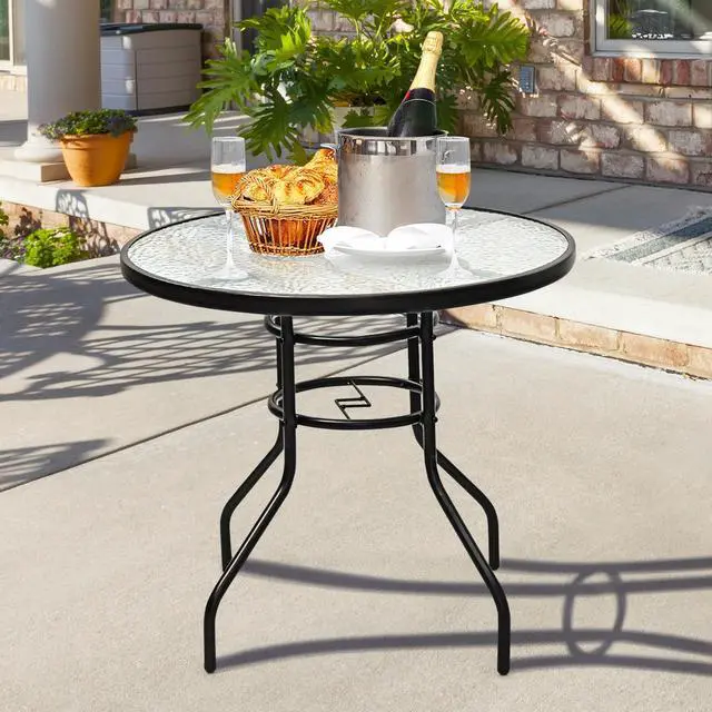 Alt view image 7 of 7 - SlickBlue 32 Inch Patio Tempered Glass Steel Frame Round Table with Convenient Umbrella Hole