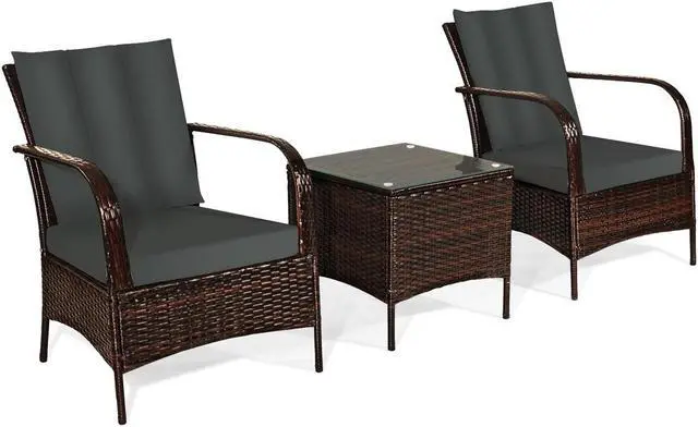 Alt view image 3 of 7 - SlickBlue 3 Pcs Patio Conversation Rattan Furniture Set with Glass Top Coffee Table and Cushion