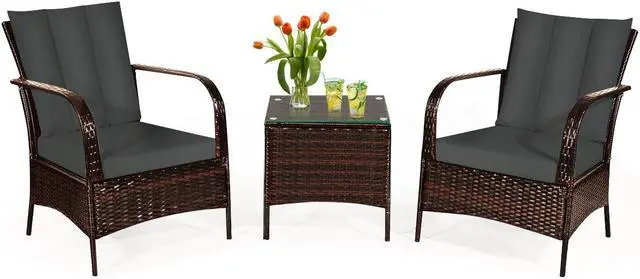 Main image of SlickBlue 3 Pcs Patio Conversation Rattan Furniture Set with Glass Top Coffee Table and Cushion