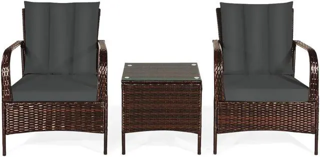 Alt view image 6 of 7 - SlickBlue 3 Pcs Patio Conversation Rattan Furniture Set with Glass Top Coffee Table and Cushion