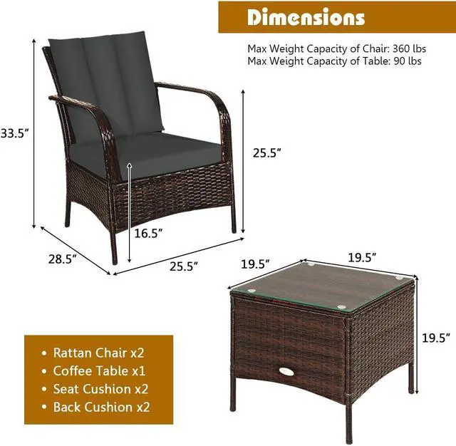 Alt view image 5 of 7 - SlickBlue 3 Pcs Patio Conversation Rattan Furniture Set with Glass Top Coffee Table and Cushion