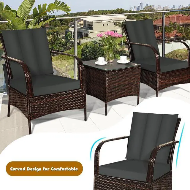 Alt view image 7 of 7 - SlickBlue 3 Pcs Patio Conversation Rattan Furniture Set with Glass Top Coffee Table and Cushion