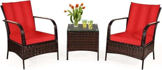 Main image of SlickBlue 3 Pcs Patio Conversation Rattan Furniture Set with Glass Top Coffee Table and Cushion
