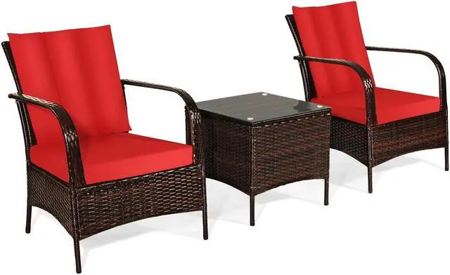 Alt view image 3 of 7 - SlickBlue 3 Pcs Patio Conversation Rattan Furniture Set with Glass Top Coffee Table and Cushion