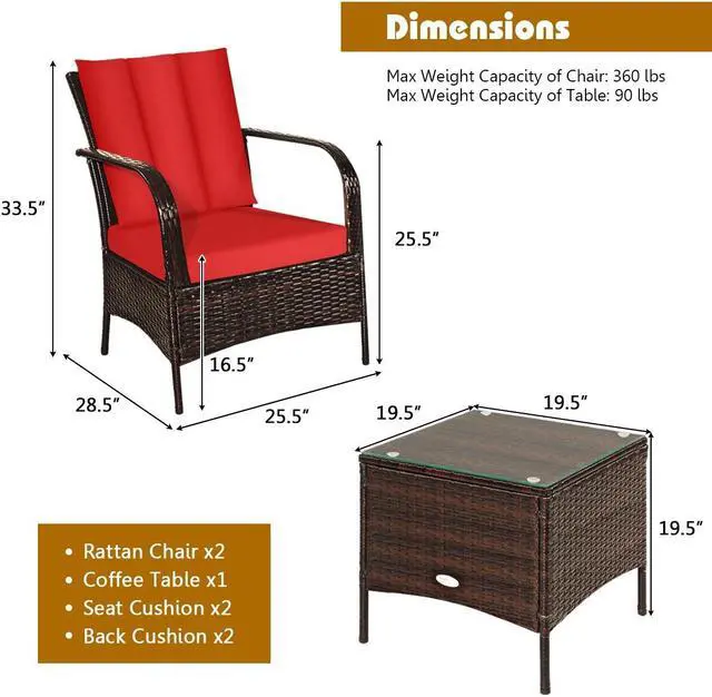 Alt view image 5 of 7 - SlickBlue 3 Pcs Patio Conversation Rattan Furniture Set with Glass Top Coffee Table and Cushion