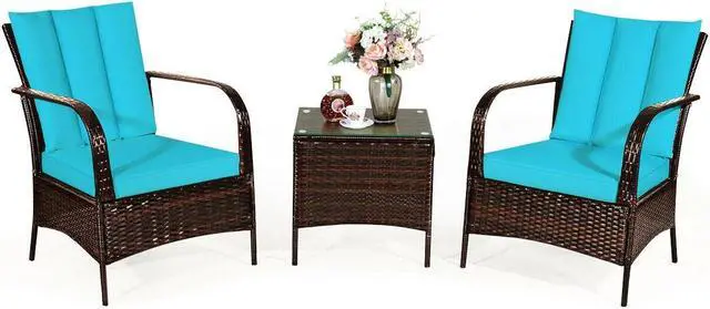 Main image of SlickBlue 3 Pcs Patio Conversation Rattan Furniture Set with Glass Top Coffee Table and Cushion