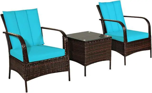 Alt view image 3 of 7 - SlickBlue 3 Pcs Patio Conversation Rattan Furniture Set with Glass Top Coffee Table and Cushion