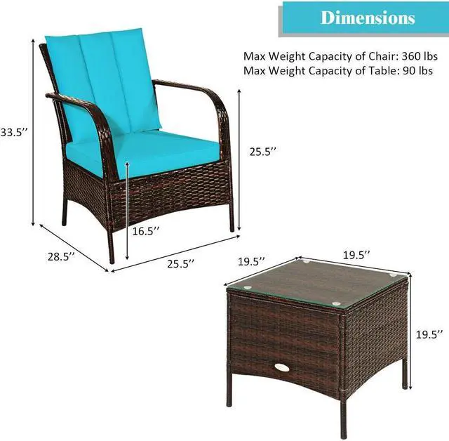 Alt view image 5 of 7 - SlickBlue 3 Pcs Patio Conversation Rattan Furniture Set with Glass Top Coffee Table and Cushion