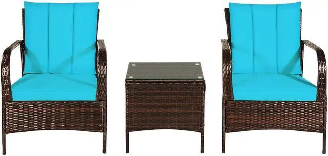 Alt view image 7 of 7 - SlickBlue 3 Pcs Patio Conversation Rattan Furniture Set with Glass Top Coffee Table and Cushion