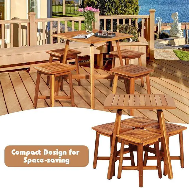 Alt view image 3 of 7 - SlickBlue 5 Pieces Wood Patio Dining Set with Square Table and 4 Stools