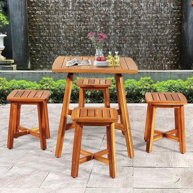 Alt view image 5 of 7 - SlickBlue 5 Pieces Wood Patio Dining Set with Square Table and 4 Stools