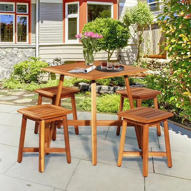 Alt view image 7 of 7 - SlickBlue 5 Pieces Wood Patio Dining Set with Square Table and 4 Stools